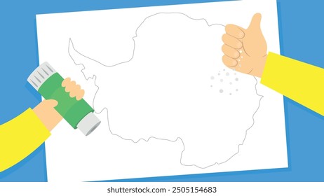 Illustration of a hand with a bottle of paint with a map of Antarctica