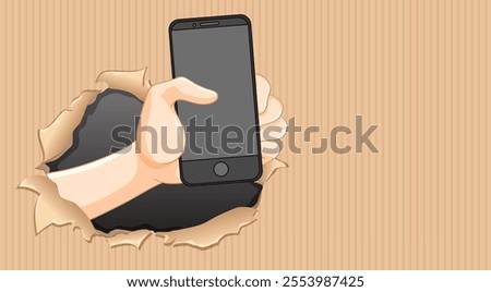 Illustration of hand breaking through paper with phone
