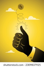 An illustration of Hand of businessman tossing a coin business concept svg