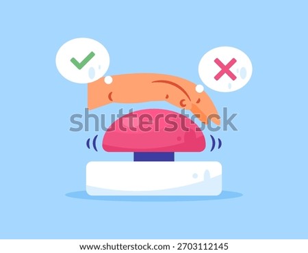 illustration of a hand with a button. concept of choosing, options, making a decision. choosing yes or no, accepting or rejecting, agreeing or disagreeing. flat style design. blue background