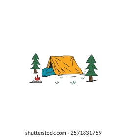 illustration of hand camping. camping tents near trees