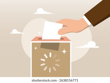 An illustration of a hand casting a ballot into a box displaying a loading symbol, symbolizing delays, processing time, or issues in an election system