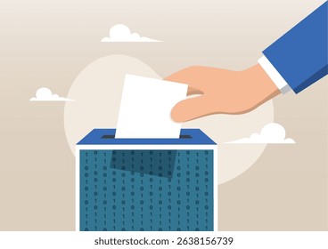 An illustration of a hand casting a paper ballot into a digital ballot box decorated with binary code. Symbolizes electronic voting, data security, and technology.