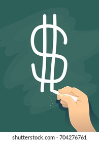 Ilustración de una mano y una charla escribiendo un cartel de dólar en pizarra