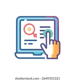 Illustration of a hand clicking on a search result displayed on a laptop screen in a flat style.
