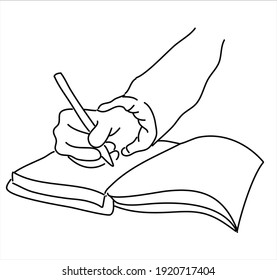 illustration of hand close up writing with pen on opened book