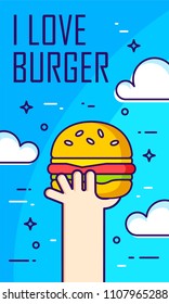 Illustration with hand, clouds and burger on blue background. Thin line flat design card. Vector banner. 