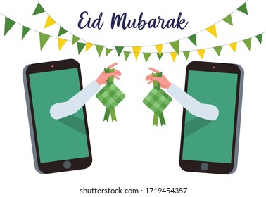 Illustration of a hand coming out through a cell phone and holding a Ketupat to celebrate Eid. Ketupat in Bahasa Indonesia is a rice packed inside a diamond-shaped container of woven palm leaf pouch.