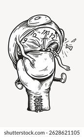 Illustration of a hand crushing a clock with a screaming face. The clock, hand, and face create a surreal, dynamic scene. Black and white sketch style. Cartoon illustration vector.