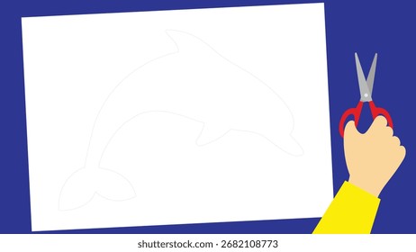Ilustración de una mano cortando un delfín con tijeras sobre un fondo azul