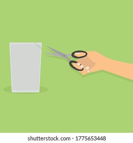illustration of a hand cutting edge of the package with scissors flat design vector
