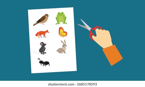 Ilustração de uma mão cortando uma folha de papel com animais diferentes
