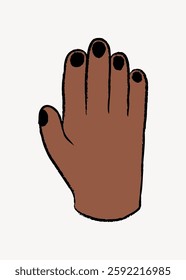 Illustration of a hand with dark skin tone and black nails. The hand is shown with fingers extended. Simple, stylized hand drawing with bold outlines. Isolated vector illustration.