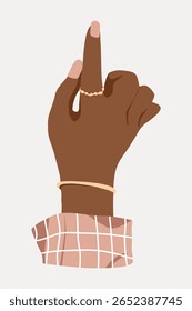Illustration of a hand with dark skin tone, wearing rings and a bracelet. The hand is pointing upwards. Stylish hand, jewelry, dark skin, upward gesture. Hand illustration vector.