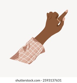 Illustration of a hand with dark skin wearing a plaid sleeve. The hand, adorned with a ring, gestures elegantly. Minimalist style with a focus on the hand's grace. Vector illustration.