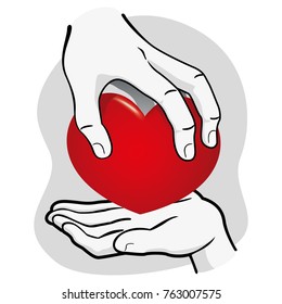Illustration hand delivering heart to another, black and white. Ideal for institutional and romantic materials