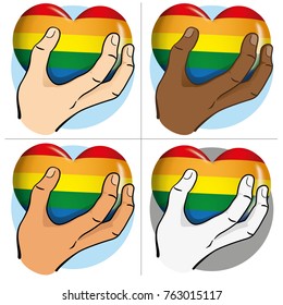 Illustration Hand delivering a heart, ethnics. Ideal for institutional and romantic materials and LGBT flag