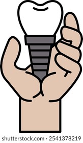 Ilustração de mão com implante dentário em estilo de desenho de linha