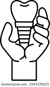 Illustration of hand with dental implant in line drawing style