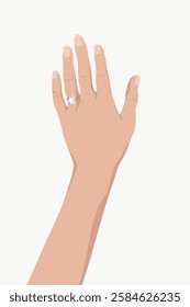 Illustration of a hand with a diamond ring on the ring finger. The hand is raised, showcasing the ring. Simple, elegant design highlighting the jewelry. Aesthetic vector illustration.