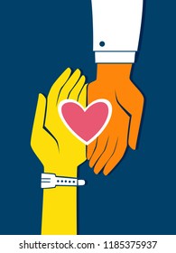Illustration of a Hand of a Doctor and a Patient with Wristband Holding a Heart Shape
