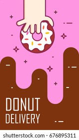 Illustration with hand and donut. Vector banner for fast food delivery. Thin line flat design card. 