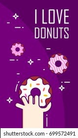 Illustration with hand and donuts. Thin line flat design card. Vector banner. 