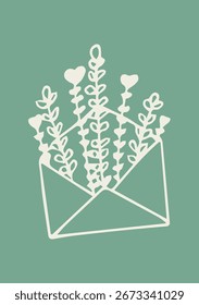 Illustration Hand Draw Doodle Envelope with Flowers and Plants with Green Background