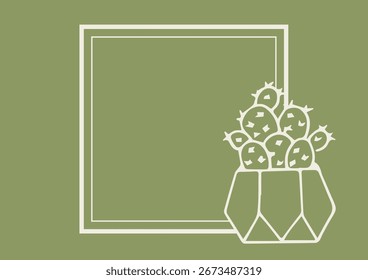 Ilustración Dibujar a mano Doodle marco con florero con flor de cactus en fondo verde pastel