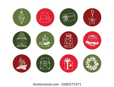 Illustration Handzeichnung Doodle Set Grün Rot Weihnachten präsentiert Heilige Kerze und Kamin Weihnachtsmütze Dekoration