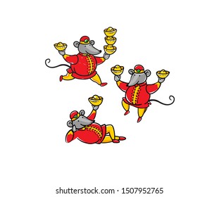 Illustration of hand draw Rat zodiac sign, symbol of 2020 on the Chinese calendar. Vector banner. Mouse in traditional Chinese costume, gold ingots. Chinese element for New Year's greeting.