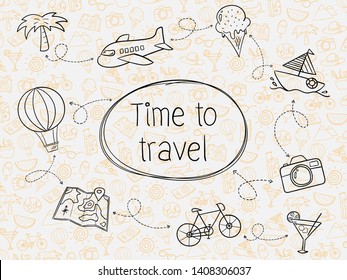 Illustration of hand draw seamless summer travel background contain with airplane, camera, map, food, bicycle, sailboat and balloon with text "Time to travel". Vector