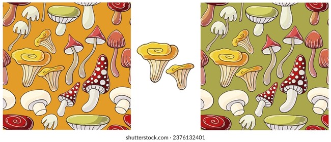 Illustration in hand draw style. Set Seamless pattern and print. Can be used for fabric, packaging, wrapping paper and etc