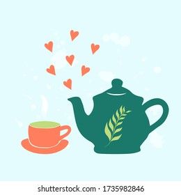 Illustration of hand draw teapot, cup, vapor, leaves,red hearts blue background. Finished design box, pack, business card of company, shop, logo, label. Vector illustration. Tableware Cooking concept