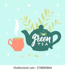 Illustration of hand draw teapot, cup, text Green tea, vapor, leaves, hearts on blue background. Finished design for box, pack, business card of company, shop, logo. Vector. Hand lettering.