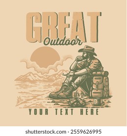 Illustration hand draw vintage retro of GREAT OUTDOOR vector grafic for apparel and badge design merchandise