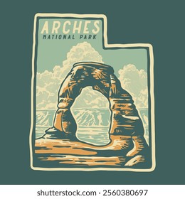 Illustration hand draw vintage retro of ARCHES NATIONAL PARK vector grafic for apparel and badge design merchandise