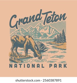 Illustration hand draw vintage retro of GRAND TETON NATIONAL PARK vector grafic for apparel and badge design merchandise