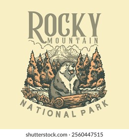 Illustration hand draw vintage retro of ROCKY  MOUNTAIN vector grafic for apparel and badge design merchandise