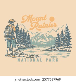 Illustration hand draw vintage retro of MOUNT RAINIER NATIONAL PARK vector grafic for apparel and badge design merchandise