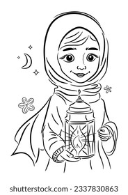An illustration of Hand drawing of Cartoon Muslim Girl Holding a lamp Black and White simple line Vector Illustration