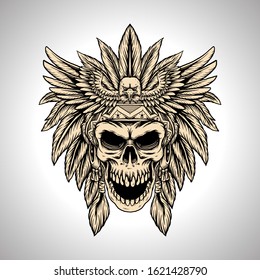 illustration hand drawing chief skull eagle