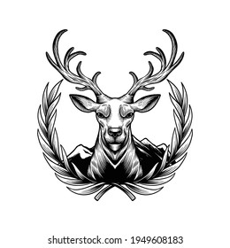 illustration hand drawing deer and mountain engraving