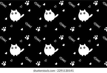 Ilustración - Gato graso dibujado a mano, patas y fondo de hueso de pescado.