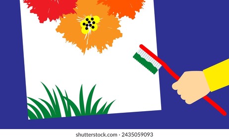 Illustration of a hand drawing a flower on paper with a toothbrush