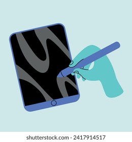 Illustration of a hand drawing on a tablet. Cartoon style wavy lines on the screen