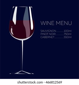 Illustration hand drawing red wine menu template for bar or restaurant wine glass goblet isolated on dark blue background, vector eps 10