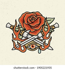 Illustration Handzeichnung mit rauer Linie Kunst, Konzept von nicht alle schön sind freundlich. Handzeichnung mit Messer und Rose mit einem Auge