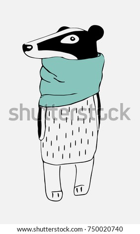 illustration hand drawing in the style of a doodle character cartoon badger in a warm soft blue scarf with a big nose, paws, looking away,