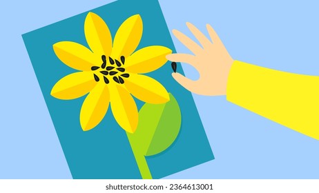 Illustration of a hand drawing a sunflower with a paintbrush